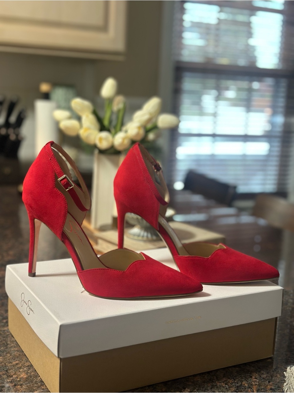 Jessica Simpson Red Suede Pointed Ankle-Strap Stilettos